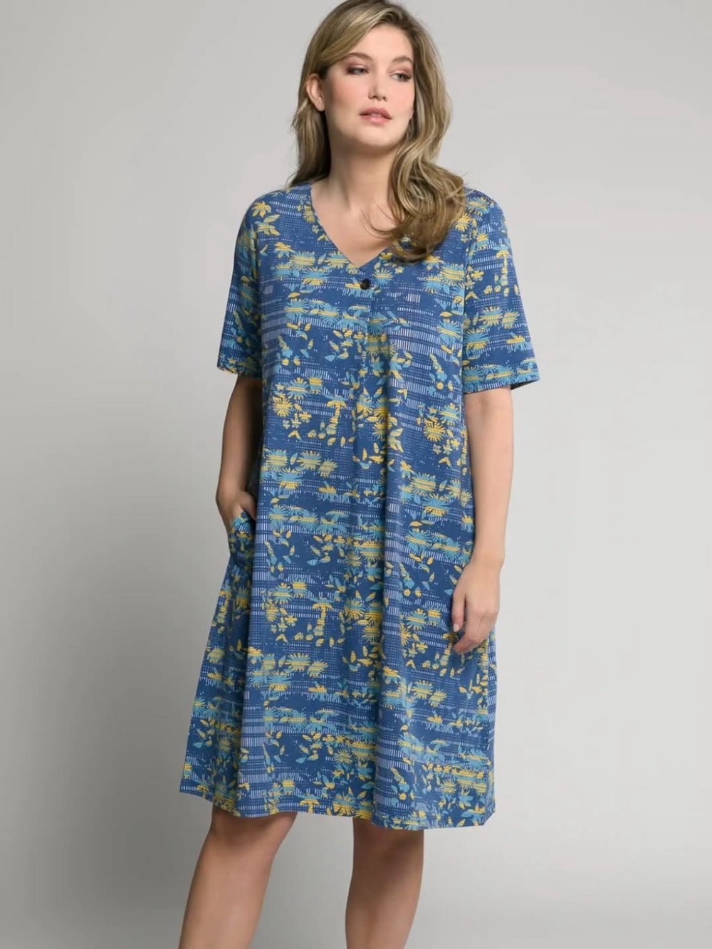 Ulla Popken Day Jersey Midi Dress Blue Floral Short-Sleeve Plus Size 16/18 XL
